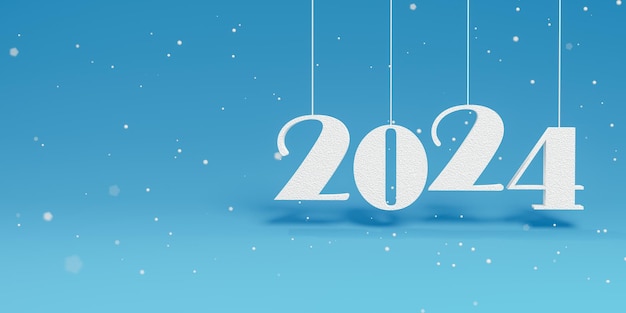 2024 feliz año nuevo 2024 números y nieve sobre fondo azul Texto blanco 3d 2024 Iniciar nuevo año 2024 con plan objetivo plan de acción estrategia año nuevo visión empresarial amplio banner ilustración 3d