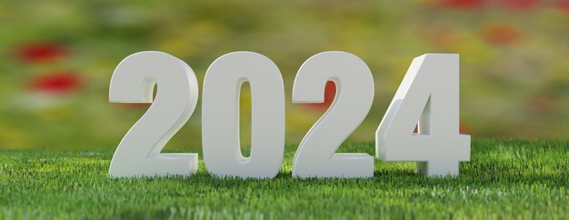 2024 Feliz Año Nuevo texto de dígito blanco sobre fondo de campo de hierba verde fresca Banner 3d render