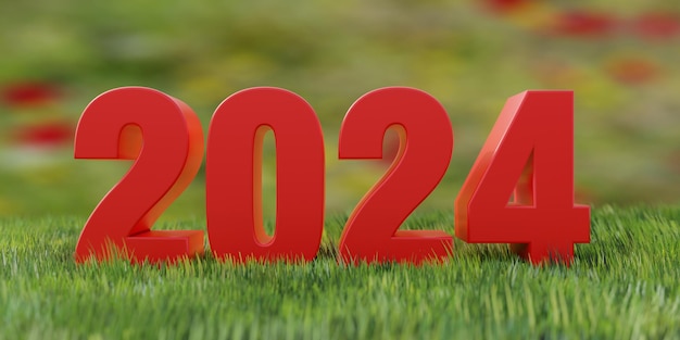 2024 Feliz año nuevo texto de dígito rojo sobre fondo de campo de hierba verde fresca Banner 3d render