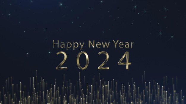 2024 en un fondo negro estrellado escrito con texto dorado Texto animado que dice Feliz Año Nuevo