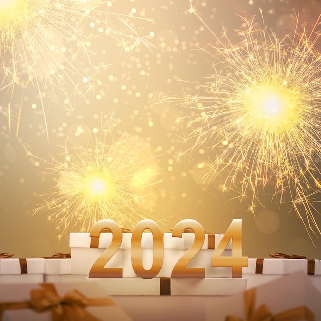 2024 con fuegos artificiales y un fondo de luz borrosa Feliz Año Nuevo 2024