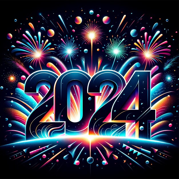 2024 con fuegos artificiales sobre un fondo oscuro Foto Premium