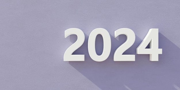 2024 Happy New Year Grußkartenvorlage Weiße Zahl auf violettem Hintergrund Kopierbereich 3D-Rendering