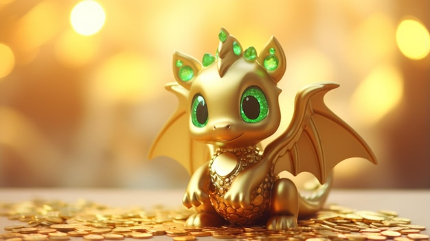 Foto 2024 ist das jahr des holzdrachen 2024 chinesisches neujahr cute kleines symbol 2024 grünes und goldenes glitzer drachen auf goldenem bokeh-hintergrund