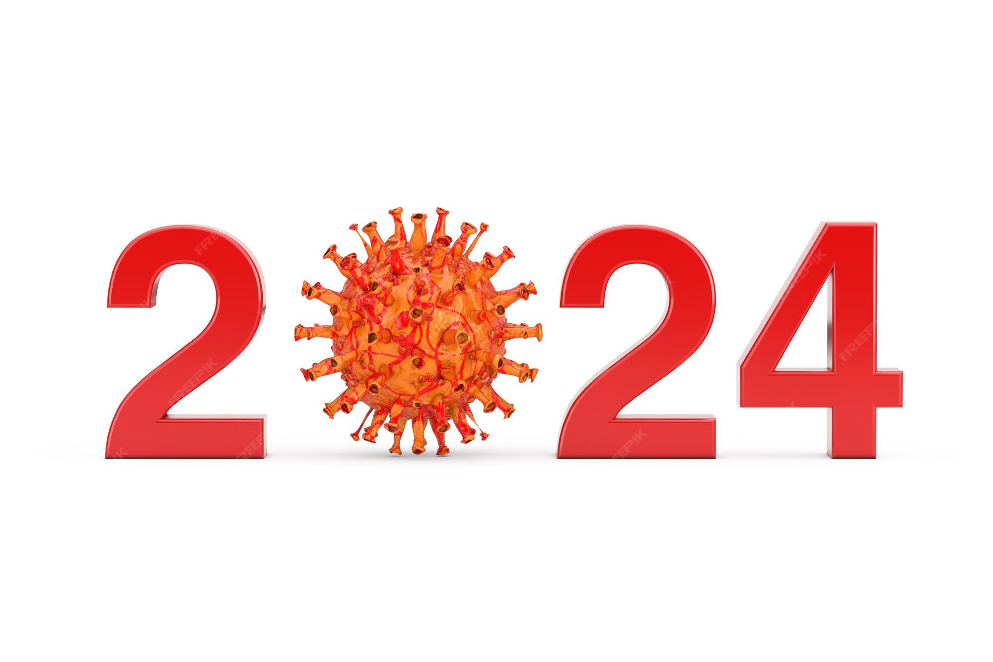 2024 Jahr mit NullSymbol als COVID19CoronaVirenBakterien auf weißem