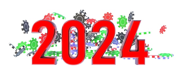 2024 Neujahrsziffern und Casino-Pokerchips fallen isoliert auf weißem Hintergrund, 3D-Rendering