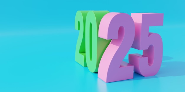 Foto 2025 año nuevo dígito verde y rosa en fondo azul tarjeta de felicitación vacía con espacio renderizado en 3d