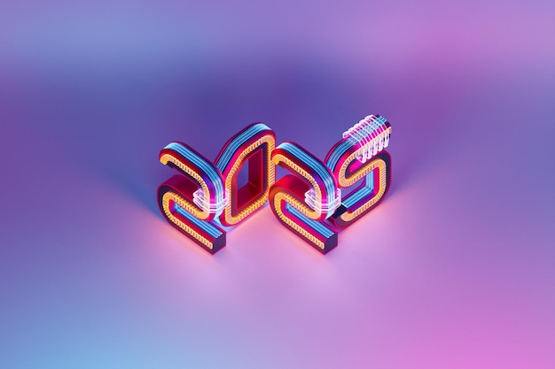 2025 caligrafía con números 3D en fondo colorido con bolas de celebración de Año Nuevo para volantes carteles signos para negocios diseño folletos tarjetas pancartas postales ilustración 3D