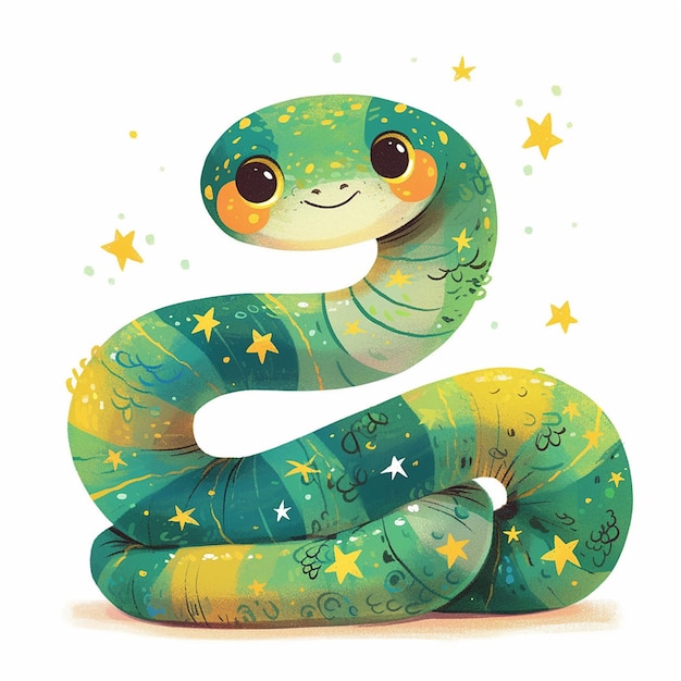 2025 Eine grüne Schlange mit gelben Streifen und Sternen auf ihrem Körper Die Schlange lächelt und er ist glücklich