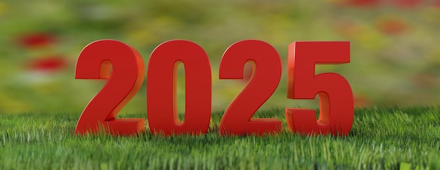 Foto 2025 feliz ano novo número de dígito vermelho em campo de grama exuberante em fundo desfocado banner render 3d