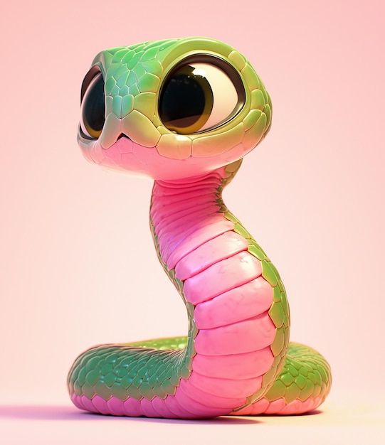 2025 Una linda serpiente de dibujos animados verde y rosa en 3D con ojos grandes