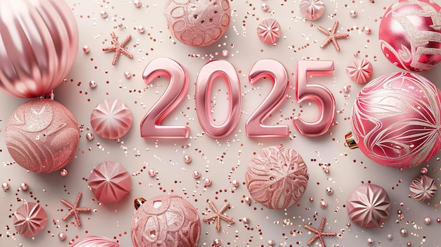 2025 rosa con adornos festivos y confeti en un fondo claro tarjeta de Año Nuevo generada por IA