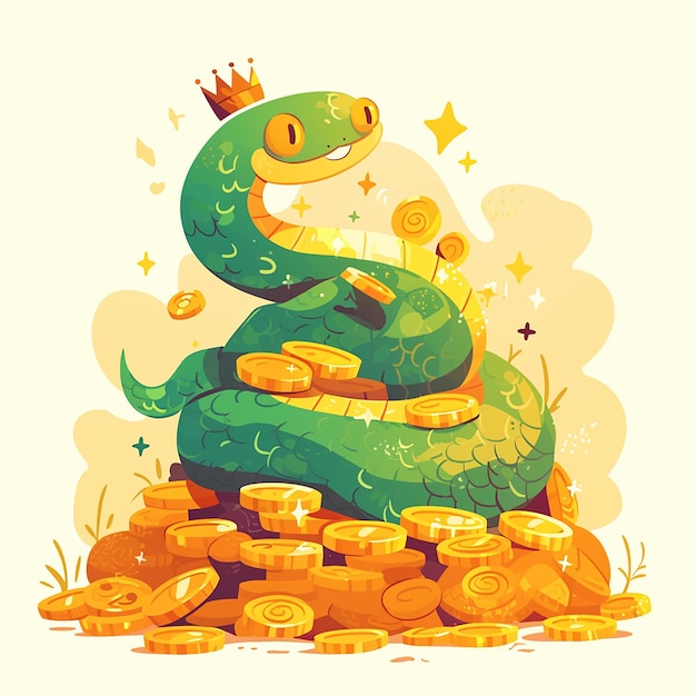 2025 la serpiente de dibujos animados está sentada en una pila de monedas de oro La serpiente lleva una corona y tiene una sonrisa en su rostro Concepto de riqueza y prosperidad ya que la serpientes está rodeada de moneda de oro