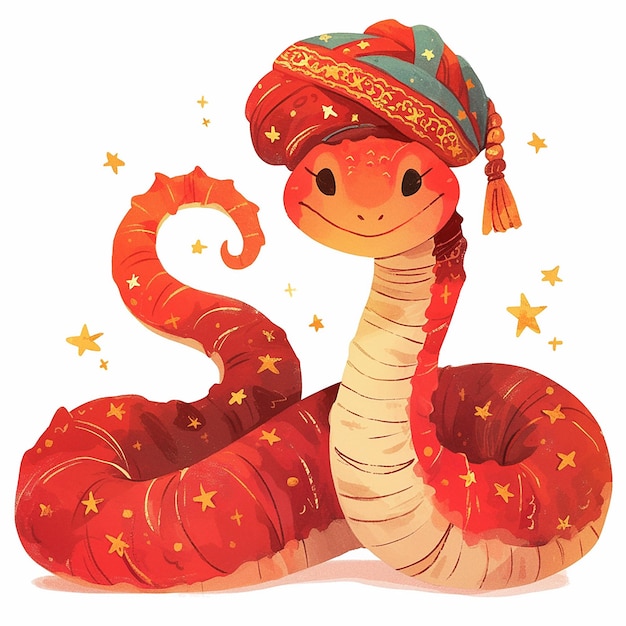 2025 serpiente de dibujos animados con un turbante y un sombrero rojo La serpiente está sonriendo y rodeada de estrellas