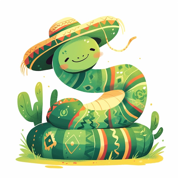 2025 Una serpiente verde con un sombrero está sentada en una zona de hierba la serpiente está sonriendo y es feliz