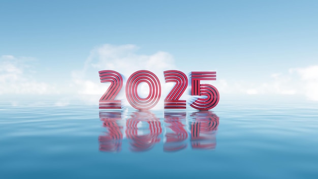 2025 Tipografía flotante con reflejo de agua y cielo azul