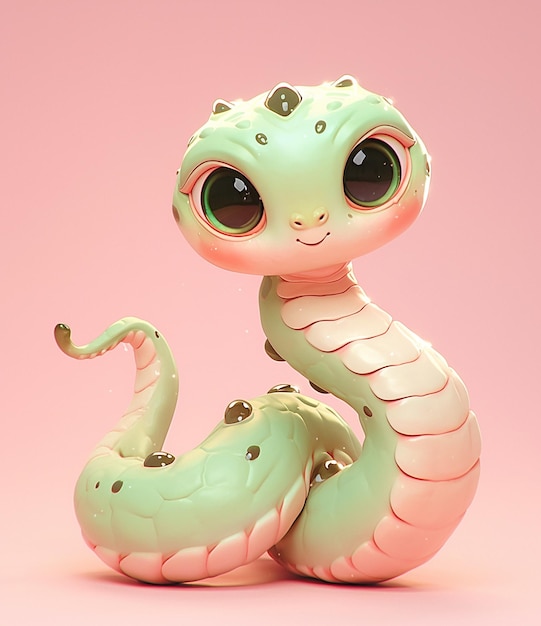 2025 Uma linda cobra de desenho animado verde e rosa em 3D com olhos grandes