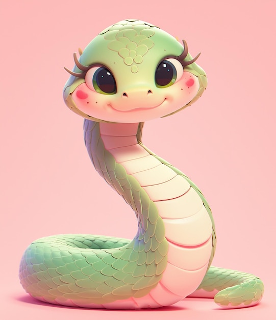 2025 Uma linda cobra de desenho animado verde e rosa em 3D com olhos grandes