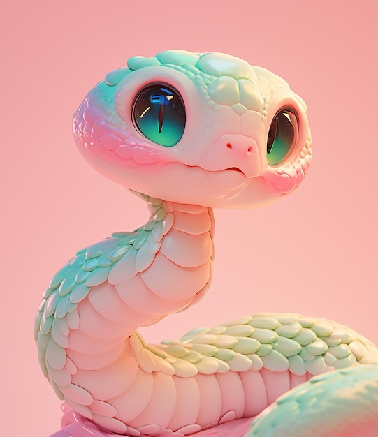 2025 Uma linda cobra de desenho animado verde e rosa em 3D com olhos grandes