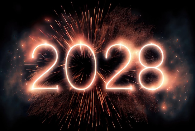 2028 Celebración del Año Nuevo con coloridos fuegos artificiales sobre fondo oscuro Feliz Año Nuevo el año del mono y el concepto de tarjeta de felicitación Ilustración de arte digital IA generativa