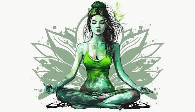 21. Juni Internationaler Yoga-Tag Grüne Frau in Lotus-Yoga-Pose Generative ai