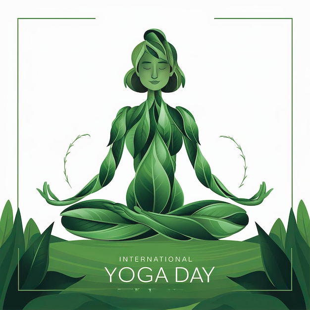 Foto 21 de junio día internacional del yoga ilustración del día del yoga con una mujer hecha con hojas sentada en una postura de yoga de loto con fondo blanco