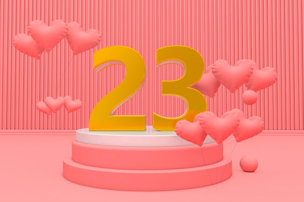 23 número Veintitrés en el podio de exhibición con corazón de globo celebrar renderizado 3d