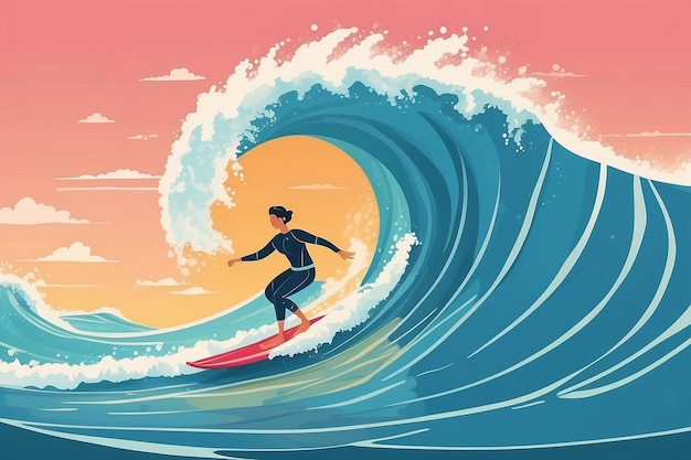 24 Ilustrar uma pessoa surfando em ondas de amor-próprio e autocompaixão