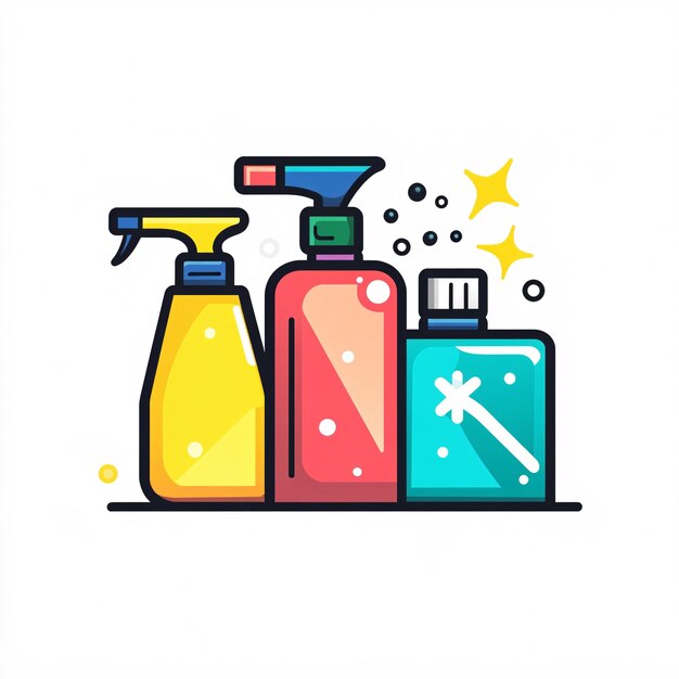 240805 73 Una simple ilustración de icono vectorial que representa el grupo de botellas de pulverización con artículos de esponja en el centro para un sitio web aislado de fondo blanco