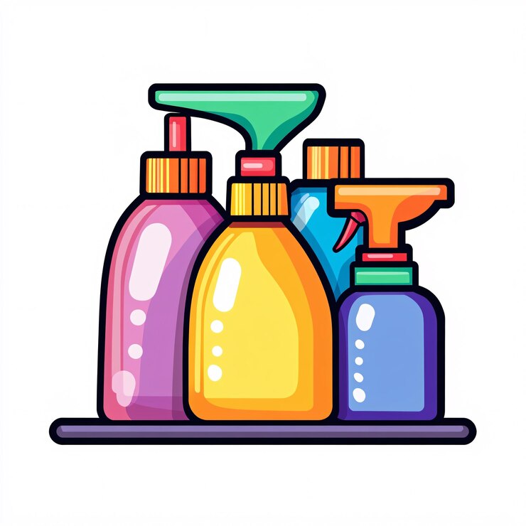 Foto 240805 73 una simple ilustración de icono vectorial que representa el grupo de botellas de pulverización con artículos de esponja en el centro para un sitio web aislado de fondo blanco