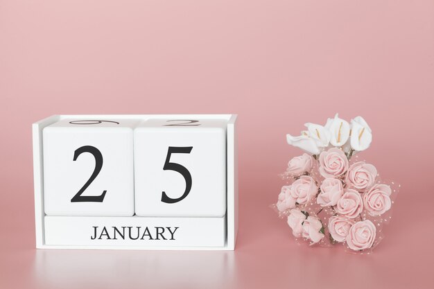 25 de enero. Día 25 del mes. Calendario cubo sobre fondo rosa moderno