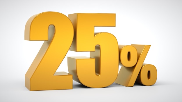 25 fora de venda Porcentagem de ouro isolada em fundo branco renderização em 3D ilustração para publicidade