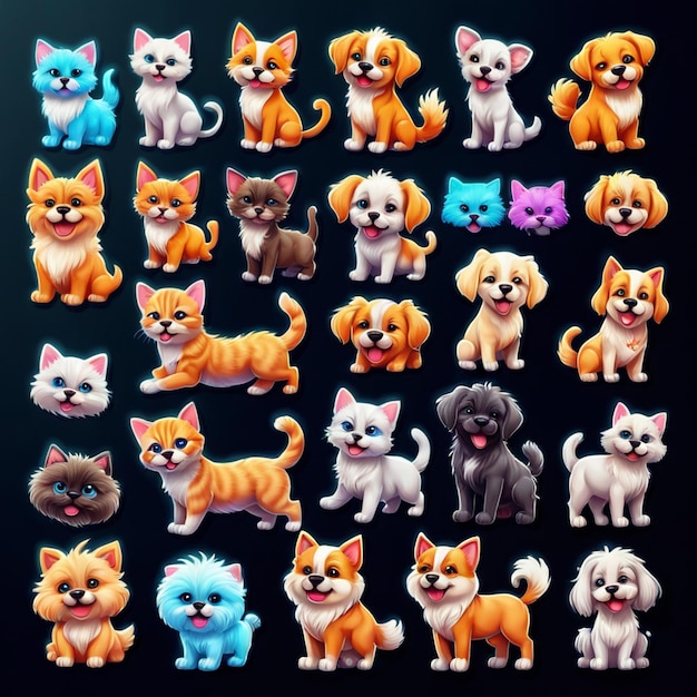 25 iconos realistas de diferentes razas de perros y gatos, diseño de pegatinas con marcas de corte, c brillante y vívido