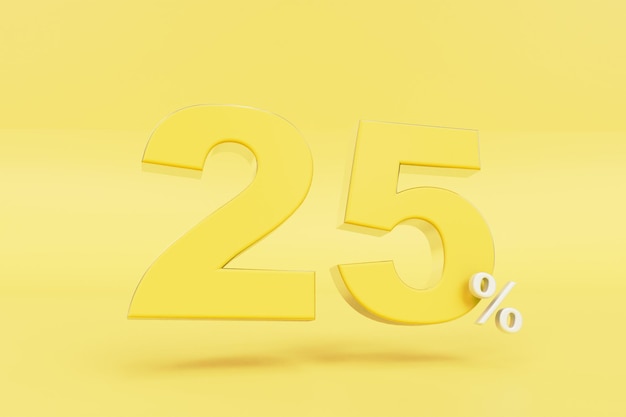 25 Prozent Rabatt gelbe Ziffer 25 und weiße Prozent auf gelbem Hintergrund 3D-Render