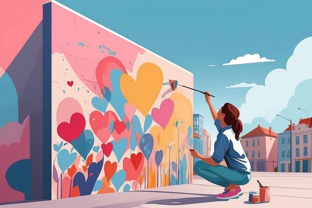 26 Diseña un vector de una persona pintando un mural de amor propio en una pared de la ciudad