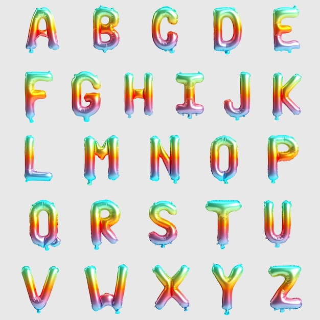 26 letras de la A a la Z 3d ilustración de globos de arco iris tipo 2 aislados sobre fondo blanco