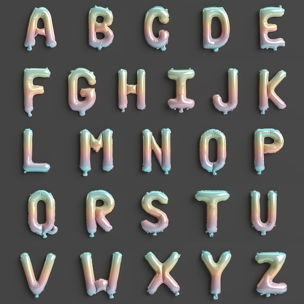 26 letras de la A a la Z Ilustración 3d de globos arco iris nobles tipo 1 aislados sobre fondo negro