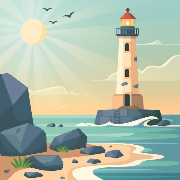 28 Leuchtturm am Meer Felsküste flache Design-Illustration