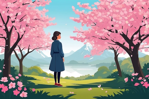 28 Veranschaulichen Sie jemanden, der von einem Garten mit selbstliebenden Kirschblüten umgeben ist