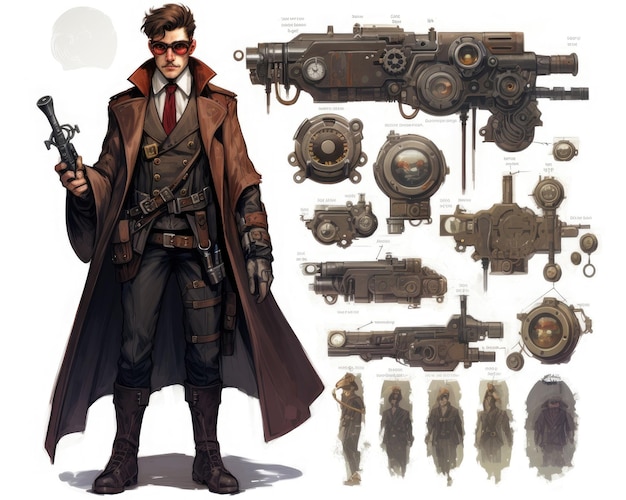 2D 3D-Vektorcharakter Steampunk-Detektiv mit einer Vergrößerungsgläser-Trenchcoat-Gadgets-Illustration