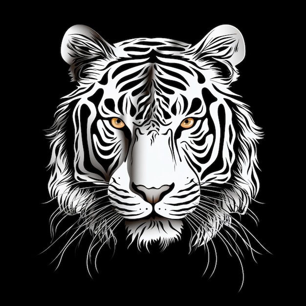 2D-Abstrakt Schwarz-Weiß-Blatt-Tigerkopf auf schwarzem Hintergrund Generative KI