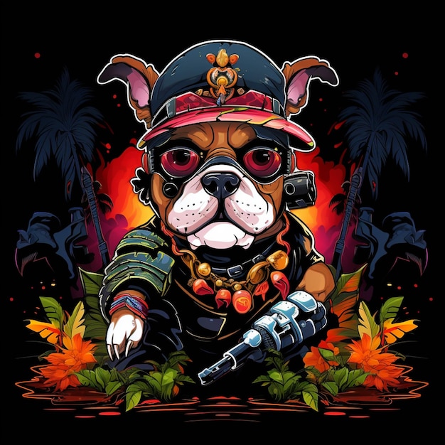 2D-abstrakte Federgraffiti-Bull-Hund, der Piratenuniformen trägt und von trophischen Pflanzen umgeben ist