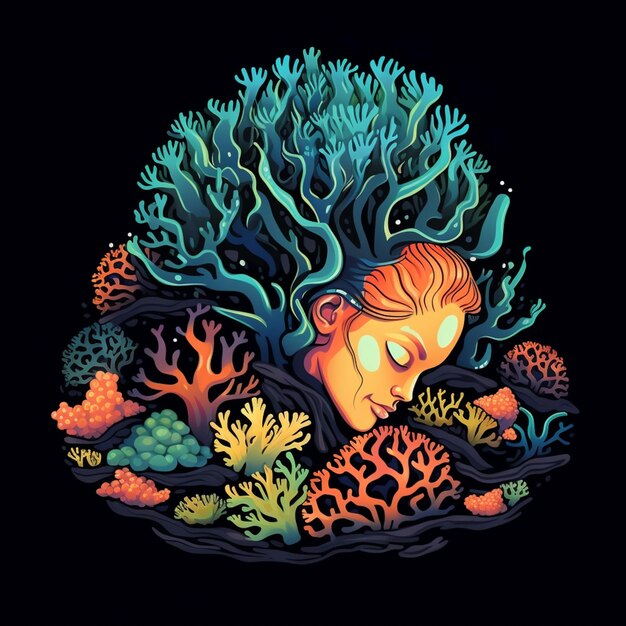 2D abstraktes Korallenriff schlafender ALTER MÄNNER, umgeben von farbenfrohen trophischen Pflanzen