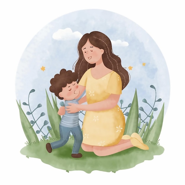 2d aquarela e desenho à mão ilustrado mãe e filho bonitos adequados para o Dia da Mãe