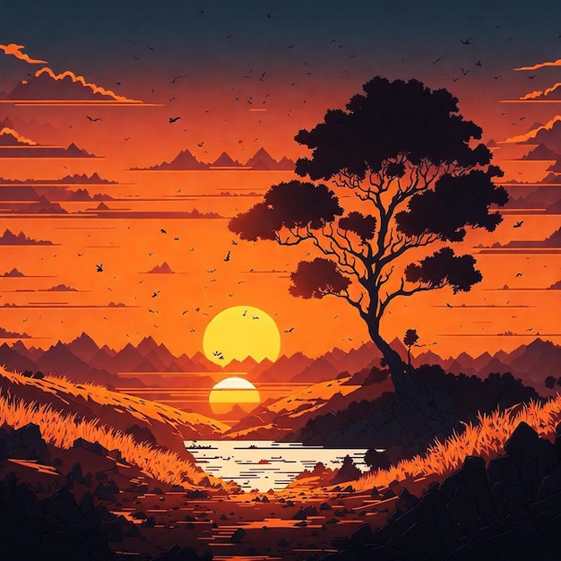 2D-Cartoon-Sonnenaufgang-Hintergrundbild