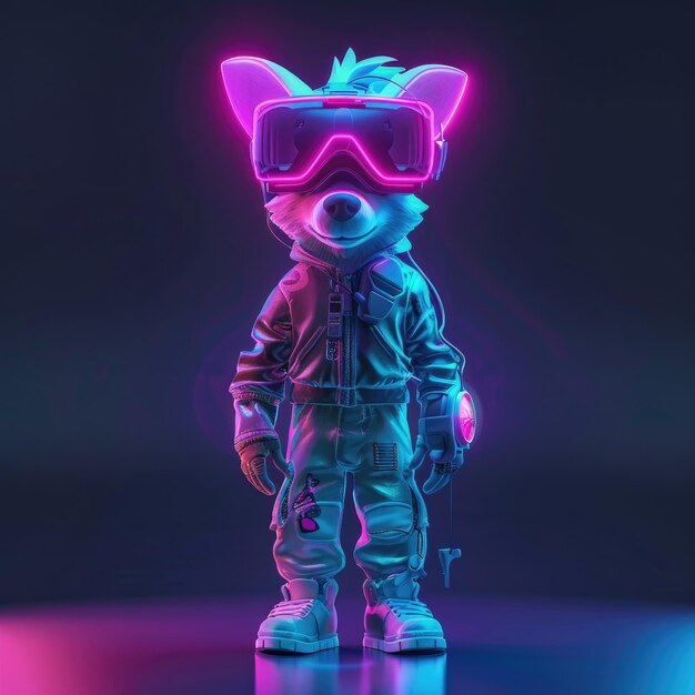 2d cyberpunk pequena figura com cabeça de cachorro e óculos VR de pé bonito chibi synthwave no estilo de neon infundido digitalismo nightcore Job ID e2126bd204054184b5caedd4172ce772