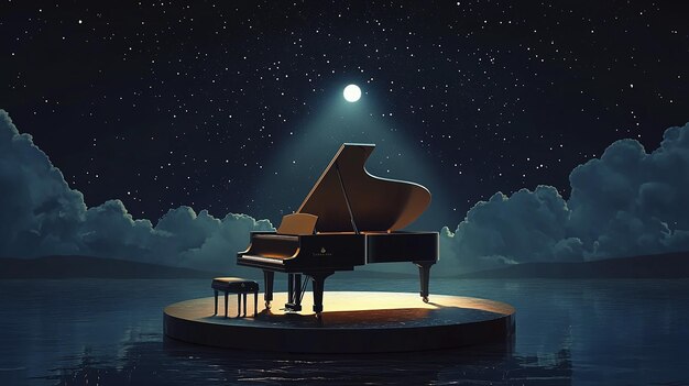 2D dibujos animados Steinway piano en toda su longitud se encuentra en un escenario redondo en medio de un mar tranquilo el pi