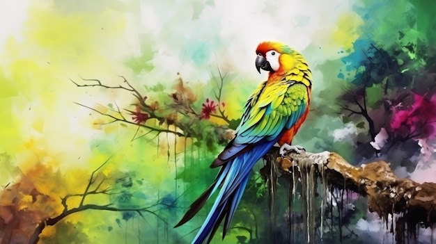 2d estilo de color de agua del pájaro loro de Macao la rama del bosque tropical que lo rodea Generativo Ai