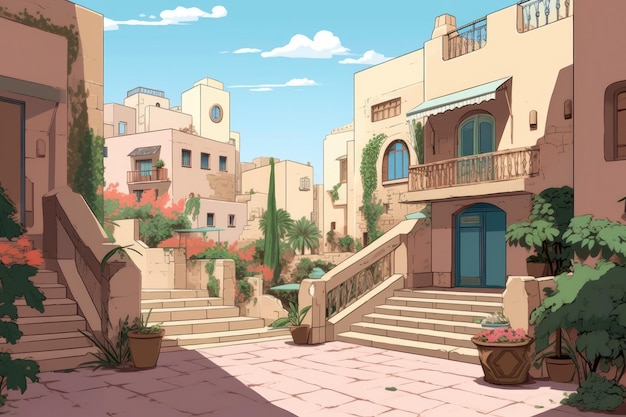 2D-Hintergrundzeichnung im katarischen Anime-Stil, Cartoon-Stil, hochwertiges Bild