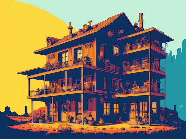 2D-Illustration Ein altes Haus in der Wüste